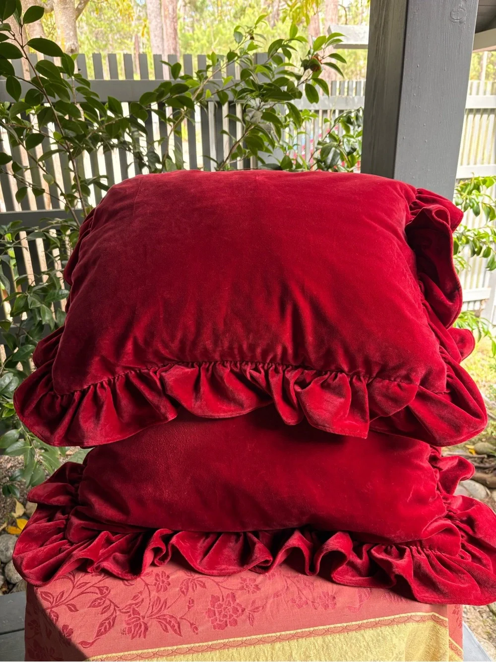 Ralph Lauren Red Velvet Ruffled Pillow Shams Set of Two